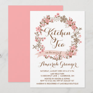 Roze Floral Wreath Kitchen Tea Party Invitation Kaart
