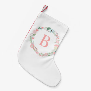 Roze Floral Wreath Monogram Kleine Kerstsok