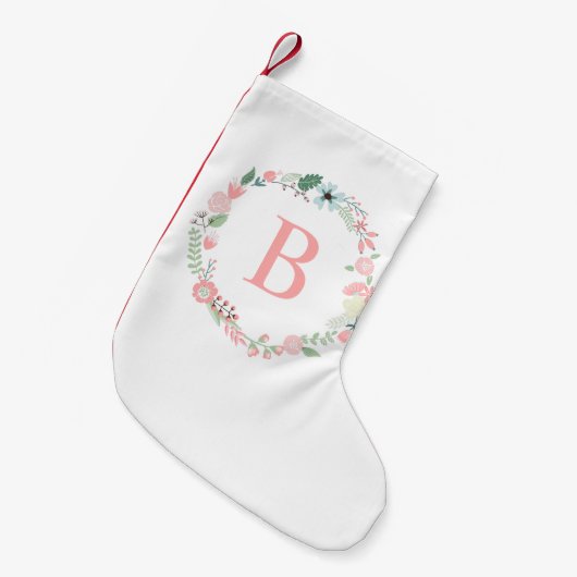 Roze Floral Wreath Monogram Kleine Kerstsok (Voorkant (Hangend))