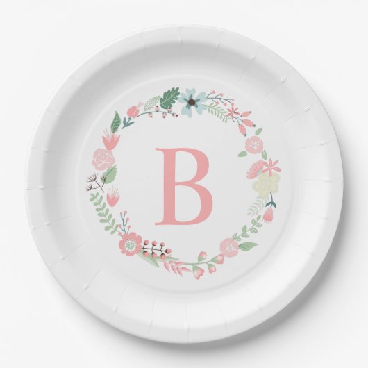 Roze Floral Wreath Monogram Papieren Bordje (Voorkant)