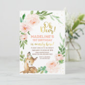Roze Floral Wreath Oh Deer Birthday Uitnodiging (Staand voorkant)