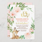 Roze Floral Wreath Oh Deer Birthday Uitnodiging (Voorkant / Achterkant)