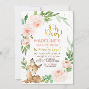 Roze Floral Wreath Oh Deer Birthday Uitnodiging