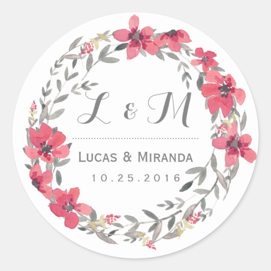  roze Floral Wreath Wedding Favor Sticker (Voorkant)