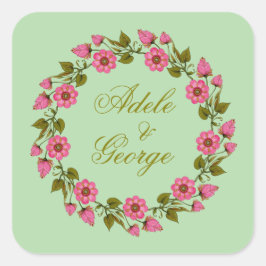 Roze Floral Wreaths | Weddenschap-Sticker met N Vierkante Sticker