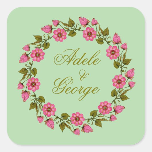 Roze Floral Wreaths | Weddenschap-Sticker met N Vierkante Sticker (Voorkant)