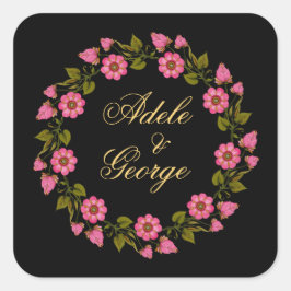 Roze Floral Wreaths | Weddenschap-Sticker met N Vierkante Sticker