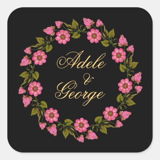 Roze Floral Wreaths | Weddenschap-Sticker met N Vierkante Sticker (Voorkant)