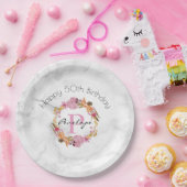 roze Floral Wreatmonogram Birthday Papieren Bordje (Feest)