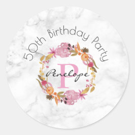 roze Floral Wreatmonogram Birthday Ronde Sticker