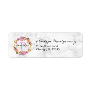  Roze Floral Wreatmonogram Etiket