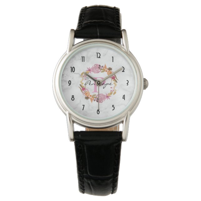  Roze Floral Wreatmonogram Horloge (Voorkant)