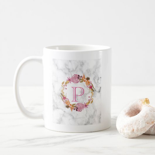  Roze Floral Wreatmonogram Koffiemok (Met donut)