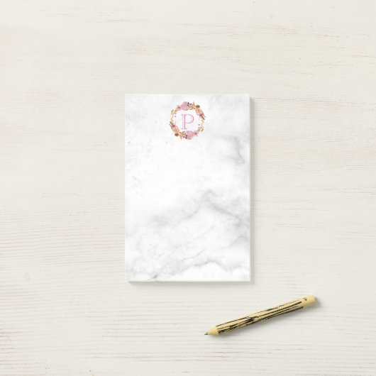  Roze Floral Wreatmonogram Post-it® Notes (Op bureau)