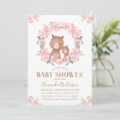 Roze Floral Wreator Beren Baby shower Uitnodiging (Staand voorkant)