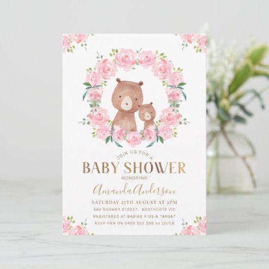 Roze Floral Wreator Beren Baby shower Uitnodiging (Staand voorkant)