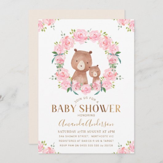 Roze Floral Wreator Beren Baby shower Uitnodiging (Voorkant / Achterkant)