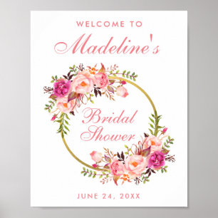 Roze Floral Wreator Gold Vrijgezellenfeest Welkom Poster