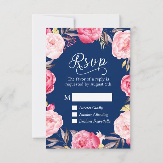 Roze Floral Wreaty Navy Blue RSVP Antwoord (Voorkant)