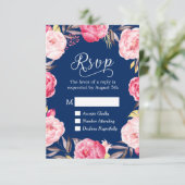 Roze Floral Wreaty Navy Blue RSVP Antwoord (Staand voorkant)
