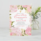 Roze florale eerste communiqué uitnodiging. kaart (Staand voorkant)