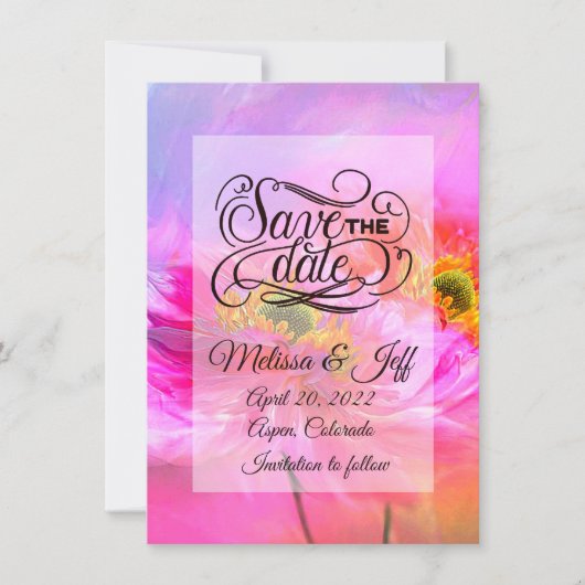 Roze florale fantasie bespaart de datumuitnodiging kaart (Voorkant)
