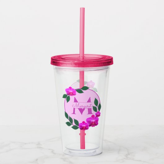 Roze florale gepersonaliseerde naam initiaal acryl drinkbeker (Voorkant)