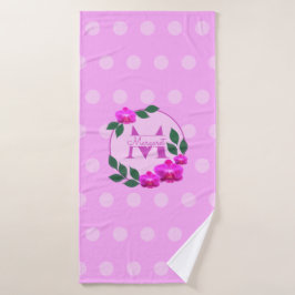 Roze florale  gepersonaliseerde naam initiaal bad handdoek