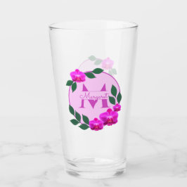 Roze florale  gepersonaliseerde naam initiaal glas