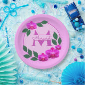 Roze florale  gepersonaliseerde naam initiaal papieren bordje (Feest)