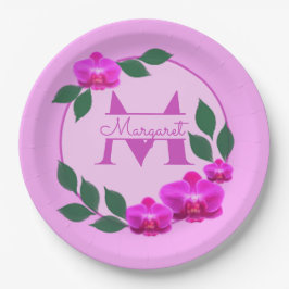 Roze florale  gepersonaliseerde naam initiaal papieren bordje