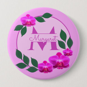 Roze florale  gepersonaliseerde naam initiaal ronde button 4,0 cm