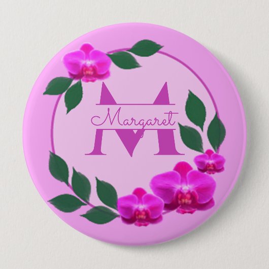 Roze florale  gepersonaliseerde naam initiaal ronde button 4,0 cm (Voorkant)