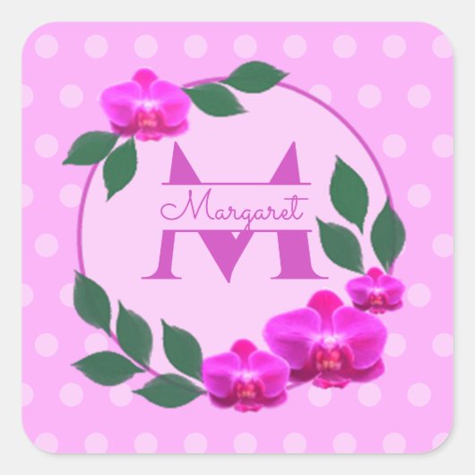 Roze florale gepersonaliseerde naam initiaal vierkante sticker (Voorkant)