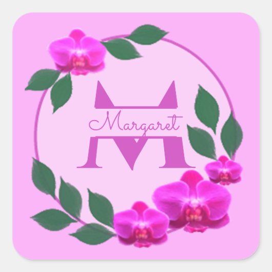 Roze florale gepersonaliseerde naam initiaal vierkante sticker (Voorkant)