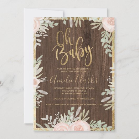 Roze florale goudgrens Baby shower Kaart (Voorkant)