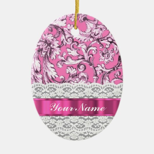 Roze florale kant patroon keramisch ornament (Voorkant)