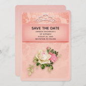 Roze florale met Diamond Tiara Elegant Birthday Save The Date (Voorkant / Achterkant)