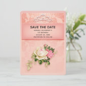 Roze florale met Diamond Tiara Elegant Birthday Save The Date (Staand voorkant)