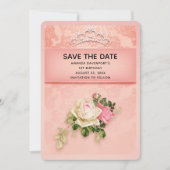 Roze florale met Diamond Tiara Elegant Birthday Save The Date (Voorkant)