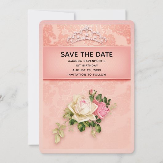 Roze florale met Diamond Tiara Elegant Birthday Save The Date (Voorkant)