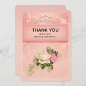 Roze florale met Diamond Tiara Elegant Design Bedankkaart (Voorkant / Achterkant)