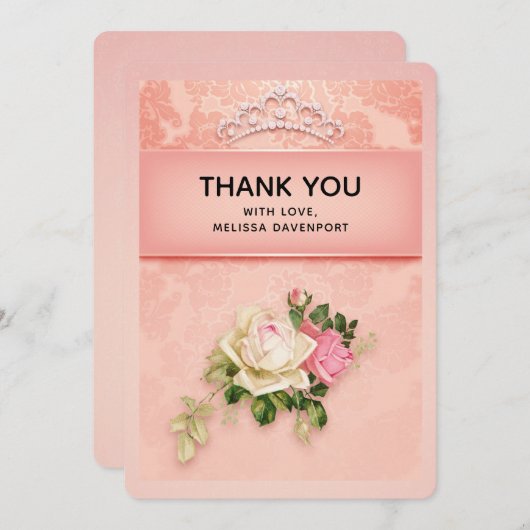 Roze florale met Diamond Tiara Elegant Design Bedankkaart (Voorkant / Achterkant)