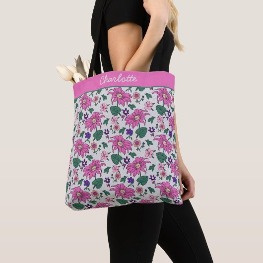 Roze florale naadloze patroon, gepersonaliseerde n tote bag (Dichtbij)