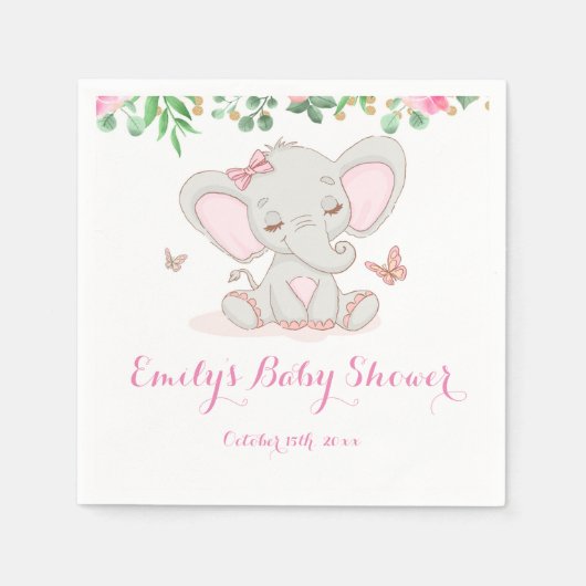 Roze florale olifant baby shower servet (Voorkant)