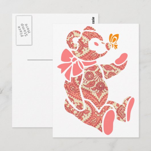 Roze florale Teddy Bear met Butterfly Briefkaart (Voorkant / Achterkant)
