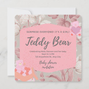 Roze florale teddy draagt groen meisje baby shower kaart