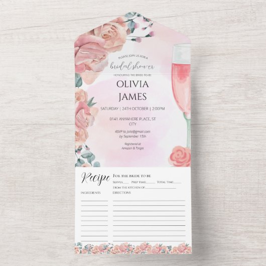 Roze florale vrijgezellenfeesten en prosecco zomer all in one uitnodiging (Binnen)