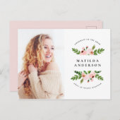 Roze florale waterverf afstuderen foto uitnodigen feestdagenkaart (Voorkant / Achterkant)