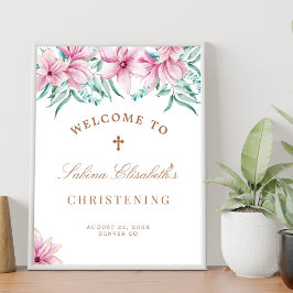 Roze florale waterverf Christening welkomstteken Poster